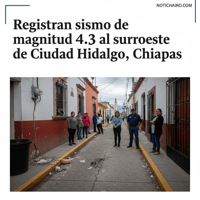 Registran sismo de magnitud 4.3 al suroeste de Ciudad Hidalgo, Chiapas