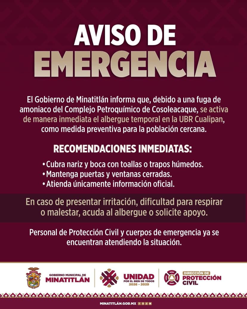 ¡Fuga de amoniaco obliga al desalojo de decenas de familias en Minatitlán!