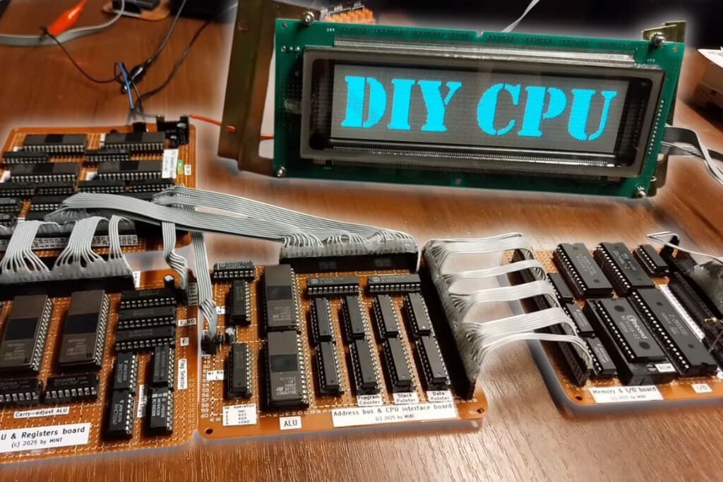 Un fan construye un CPU funcional con chips de memoria antiguos: soldó todo a mano, escribió 1,800 líneas de código y lo conectó a una pantalla VFD